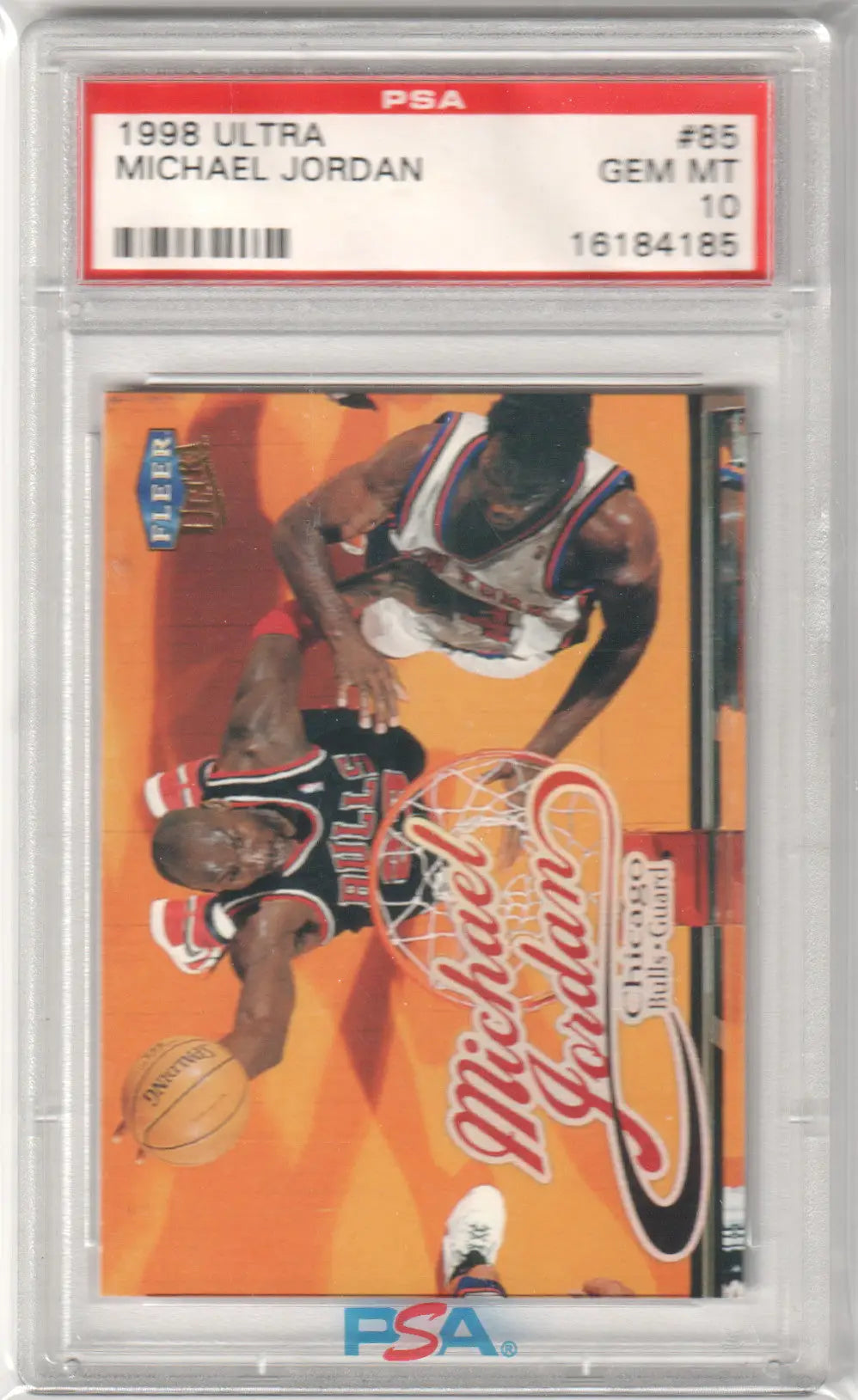 PSA-graded Michael Jordan 1996 Ultra trading card in black jersey with orange background