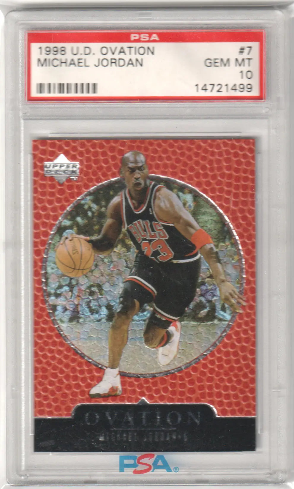 PSA-graded 1995-96 Upper Deck Ovation basketball card in protective case on red background