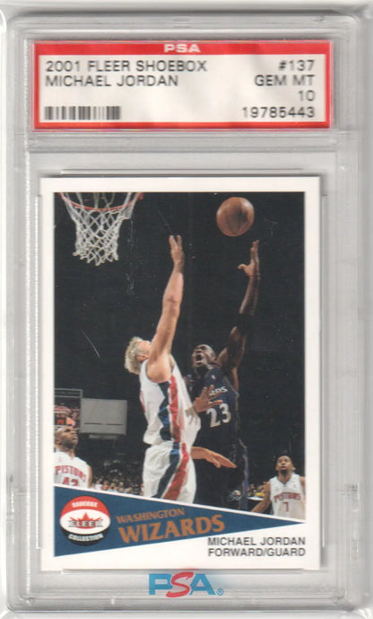 PSA 10 GEM MINT Michael Jordan 2001-02 Fleer Shoebox card with action shot at basket