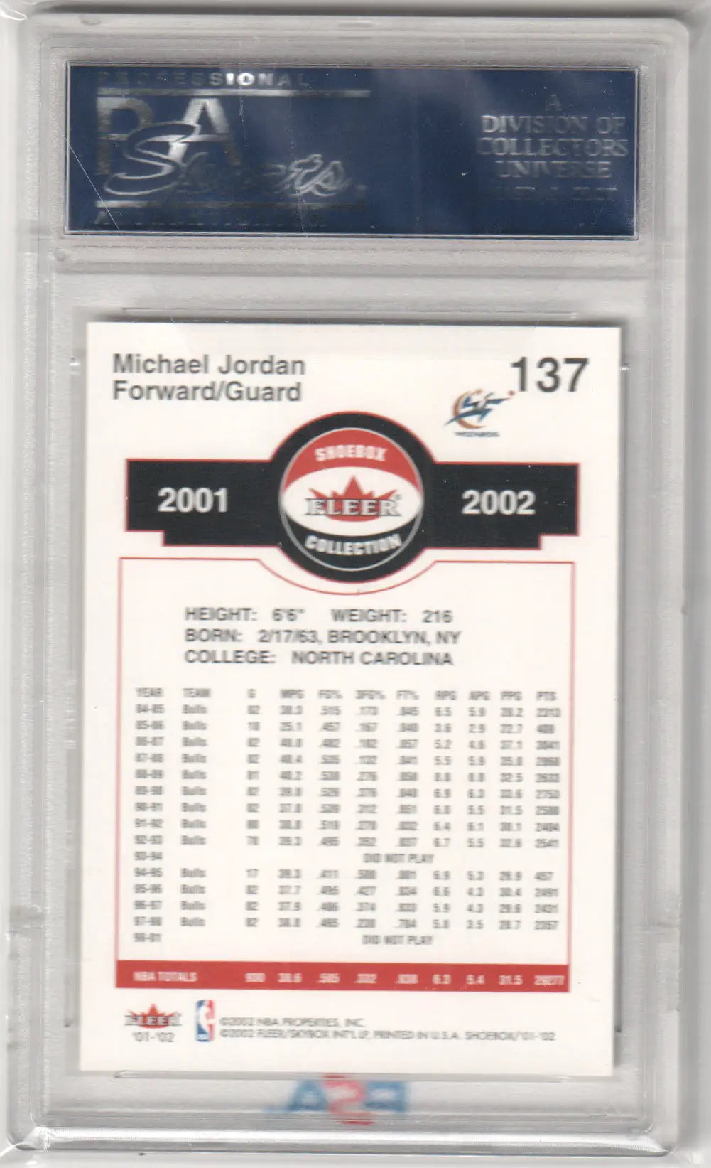 Michael Jordan 2001-02 Fleer Shoebox trading card in protective case with stats