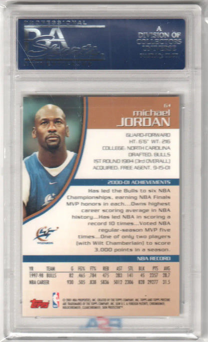 Basketball trading card of Michael Jordan in a protective case showcasing player stats