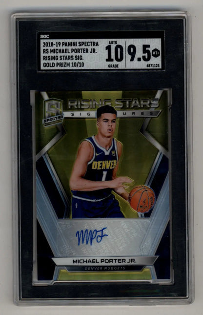 Graded Spectra Rising Stars Auto Gold card of Michael Porter Jr in navy Denver Nuggets uniform