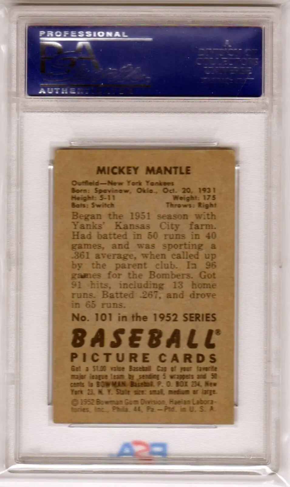 Vintage 1952 Mickey Mantle Baseball Card in Grading Case from Columbia Hobby with Free Shipping