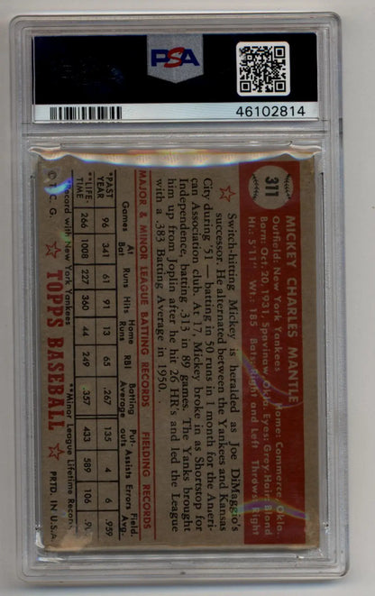 Mickey Mantle 1952 Topps Rookie #311 card in PSA holder showcasing statistics on back