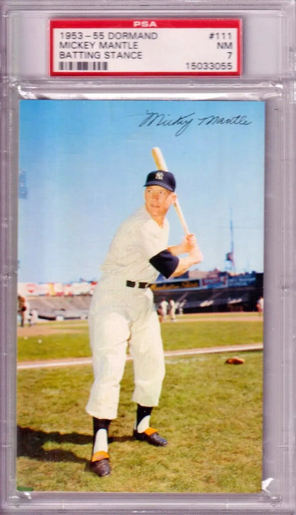 PSA 7 Mickey Mantle 1953-55 Dormand batting stance card, a premium single card from Columbia Hobby