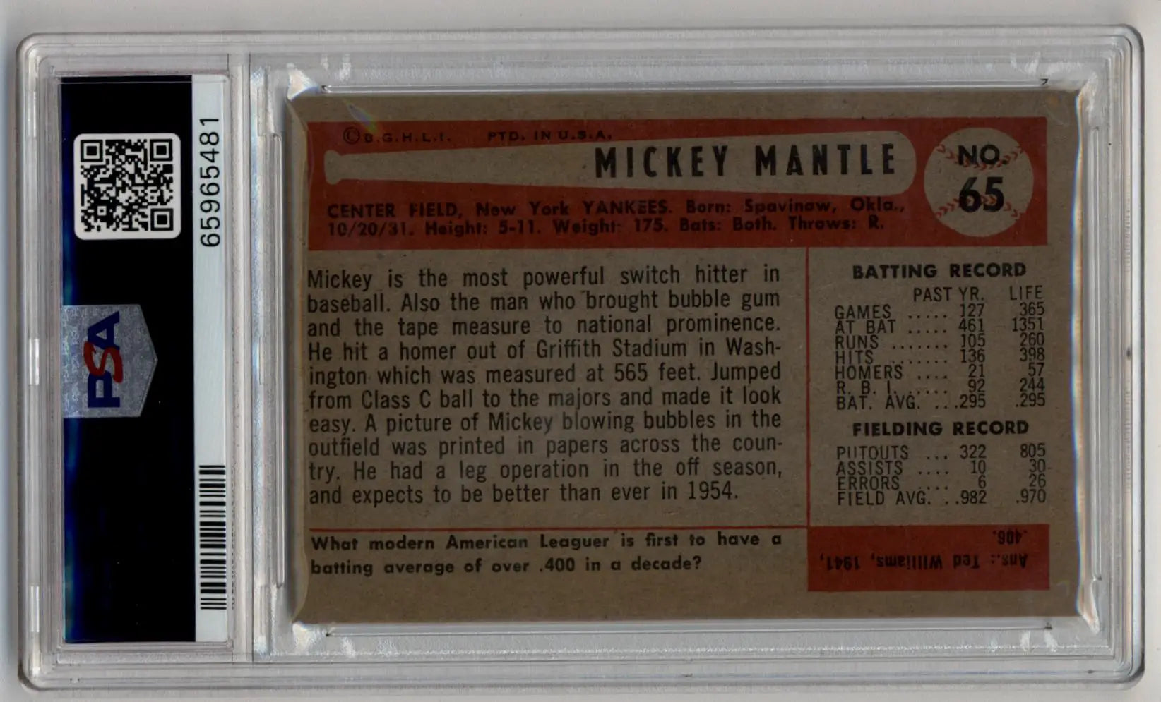 Mickey Mantle 1954 Bowman #65 baseball card in protective holder with QR code