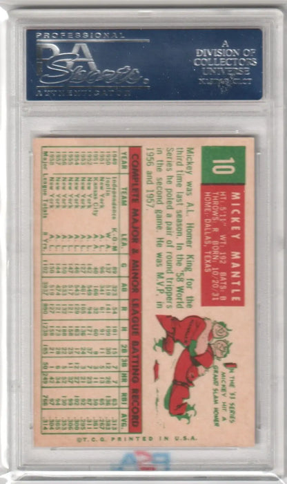 Mickey Mantle 1959 Topps #10 PSA 6 EX-MT single card in grading case with statistics