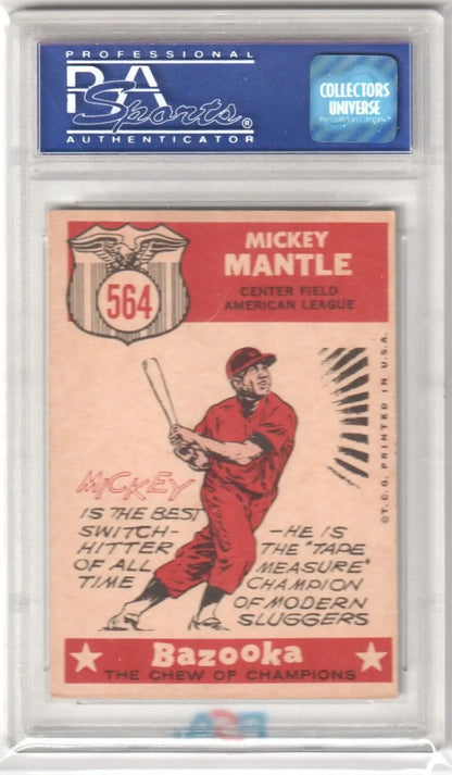 Vintage Bazooka baseball card of Mickey Mantle in protective holder, Columbia Hobby single cards