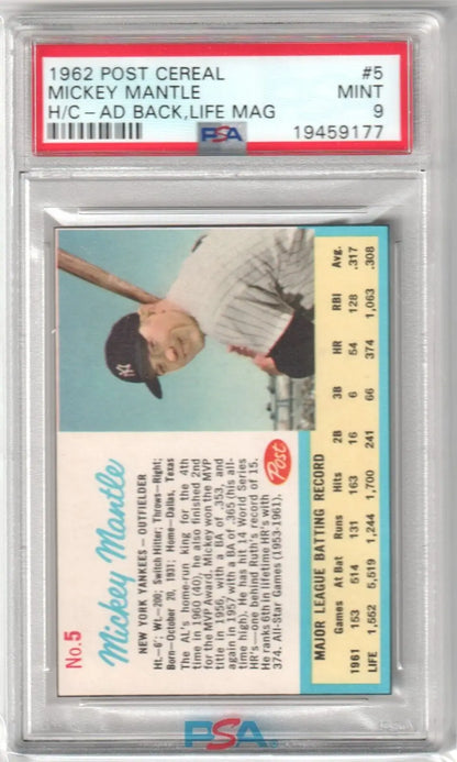 PSA-graded 1962 Post Cereal Mickey Mantle baseball card in protective case from Columbia Hobby