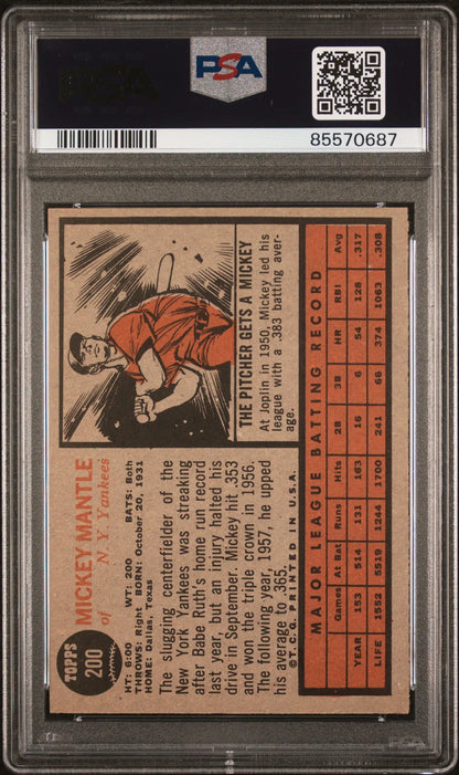 Vintage Mickey Mantle 1962 Topps baseball card in PSA 6 grading case with stats