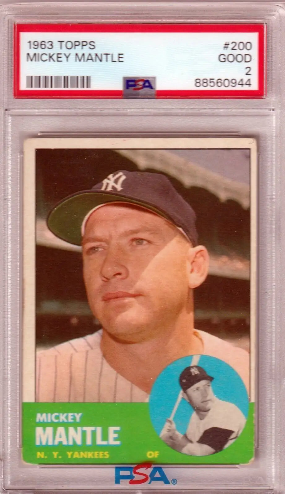 PSA-graded 1963 Topps Mickey Mantle baseball card in protective case from Columbia Hobby