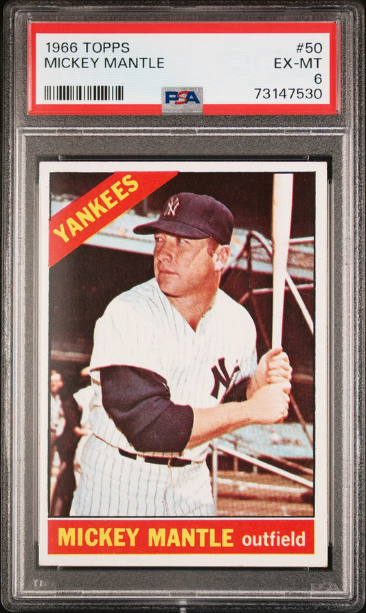 PSA-graded Mickey Mantle 1966 Topps baseball card featuring Yankees outfielder with bat