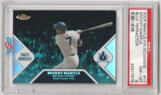 PSA 10 Mickey Mantle 2006 Topps Finest Moments Blue Refractor with turquoise background