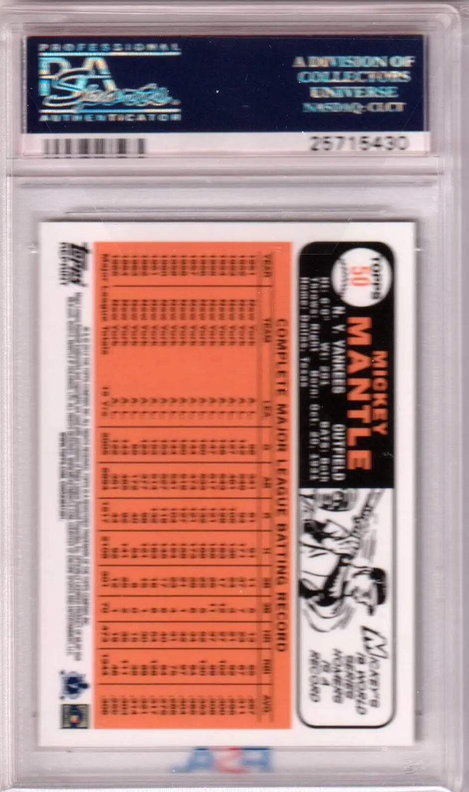 PSA-graded Mickey Mantle 2012 Topps Gold Refractor single card on orange background