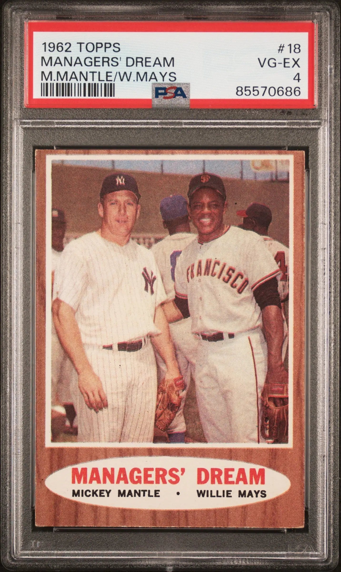 PSA-graded 1962 Topps Managers Dream card featuring Mickey Mantle and Willie Mays