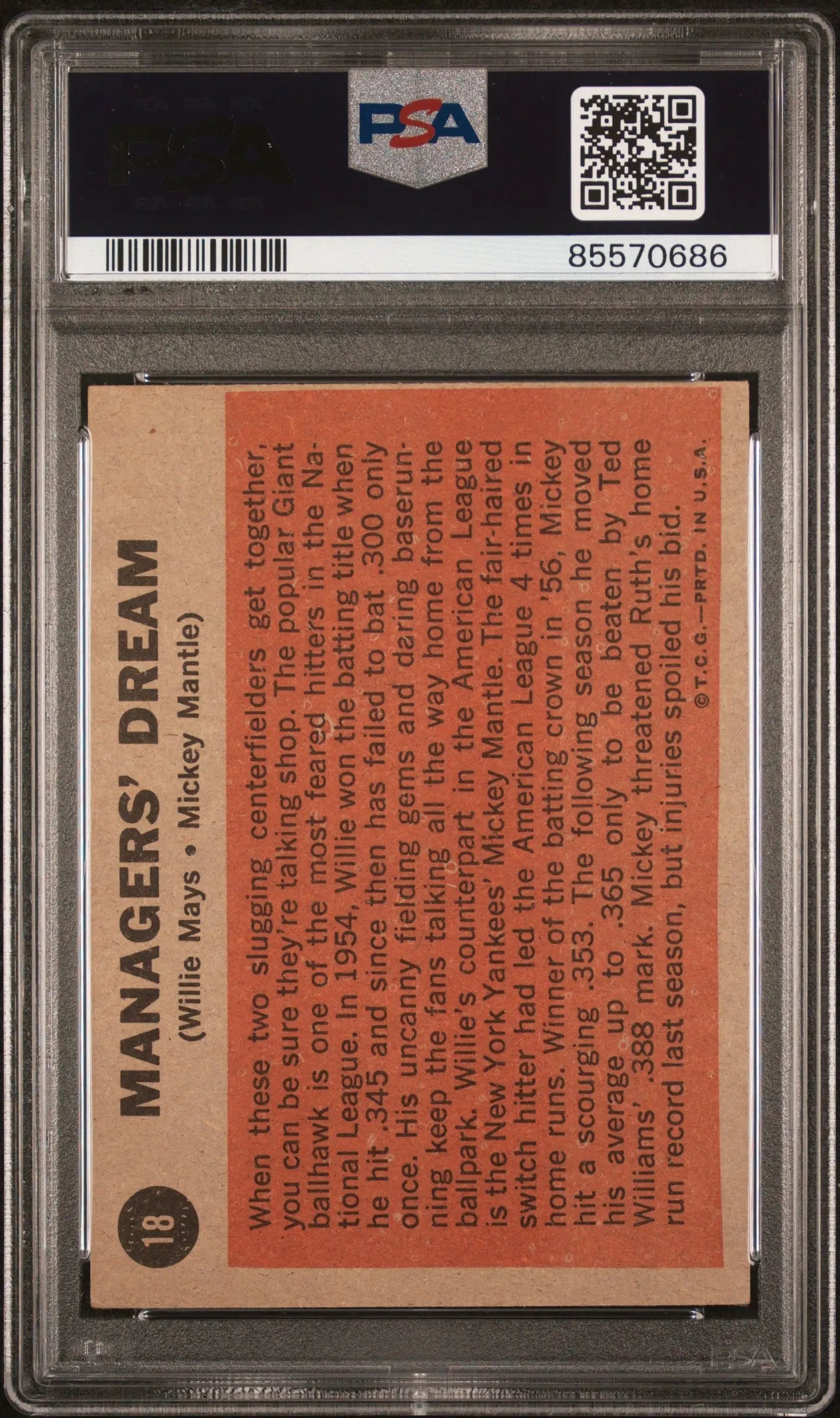 PSA-graded vintage Mickey Mantle Willie Mays 1962 Topps Managers Dream card reverse side