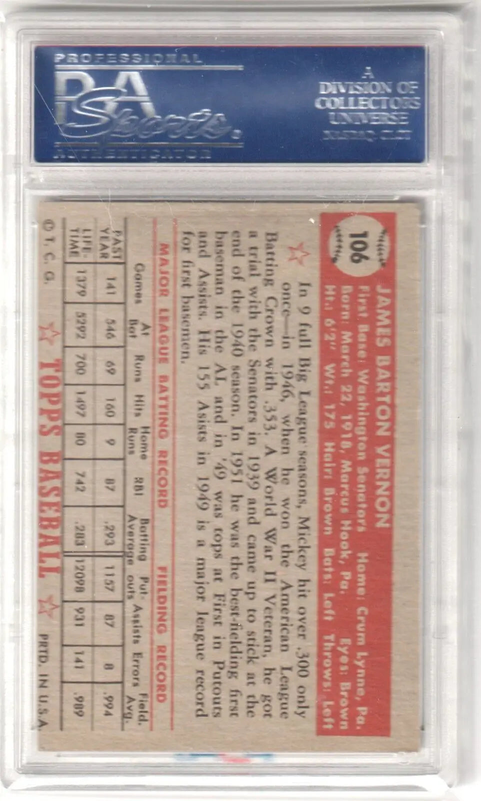 PSA-graded vintage Mickey Vernon 1952 Topps #106 baseball card back for single cards collectors