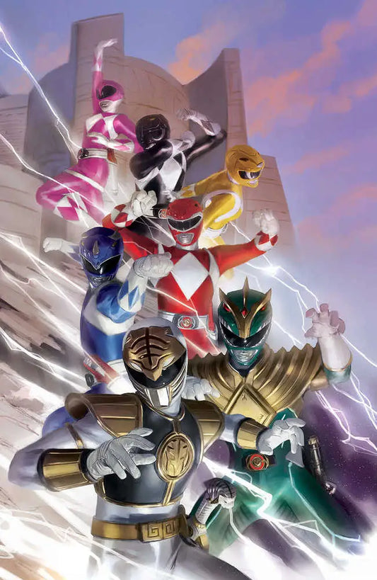 Colorfully costumed superheroes in action for Mighty Morphin Power Rangers #100 variant