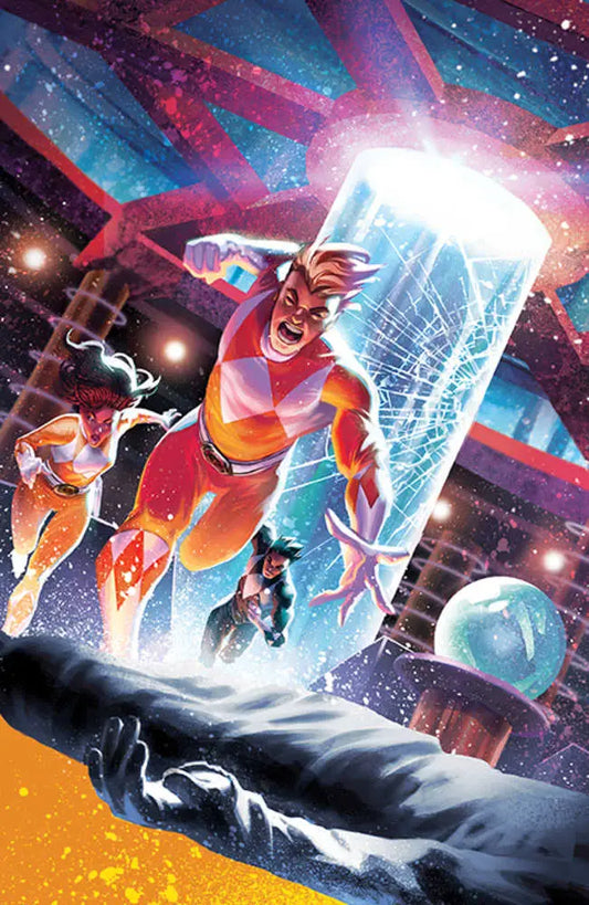 Superhero in red and orange costume flying in cosmic space for Mighty Morphin Power Rangers