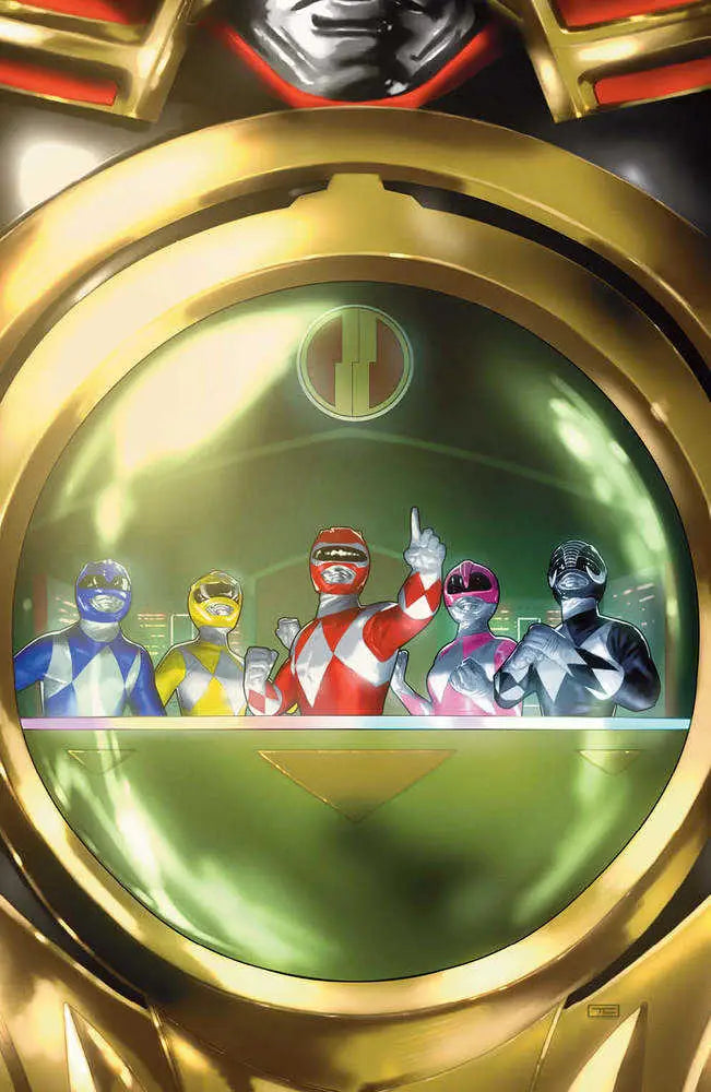 Circular golden frame featuring colorful Power Rangers figures for trading cards