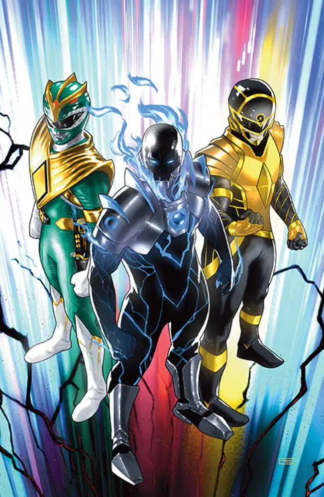 Three Power Rangers in dynamic poses with colorful energy, featured on trading cards