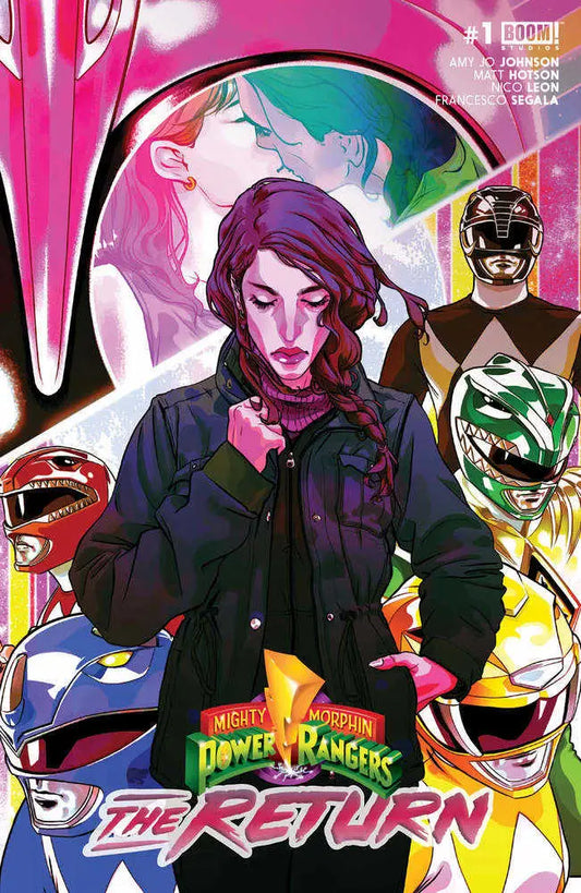 Comic book cover art of Mighty Morphin Power Rangers with a dark jacket character