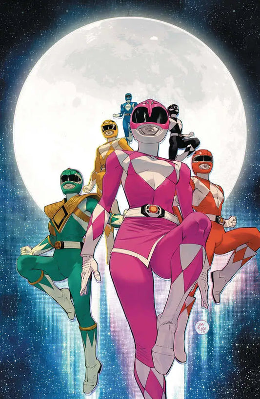 Dramatic group of colorful Mighty Morphin Power Rangers posed against a full moon