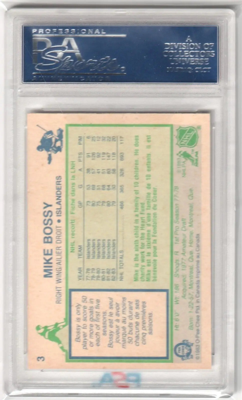 Baseball card in protective holder, MIKE BOSSY 1983-84 O-PEE-CHEE PSA 9 Mint, Columbia Hobby