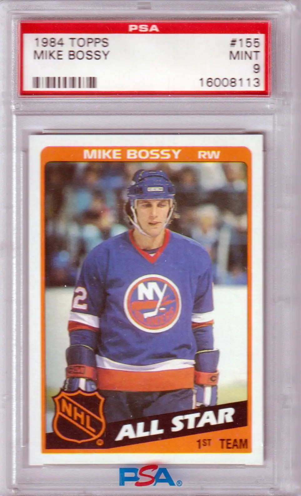 PSA-graded 1984 Topps NHL All-Star card of Mike Bossy in Islanders jersey from Columbia Hobby