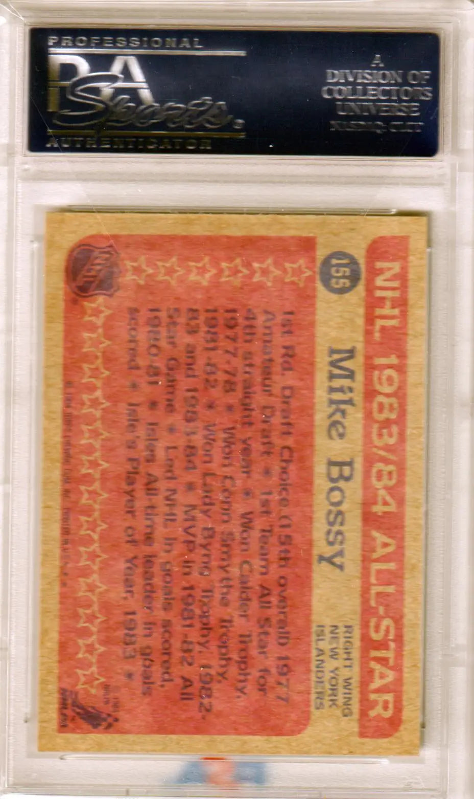 Mike Bossy 1984-85 Topps #155 trading card in protective case from Columbia Hobby