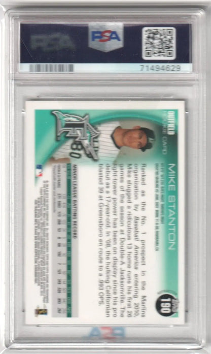 PSA-graded Mike Giancarlo Stanton 2010 Topps Chrome RC Xfractor single card in display case