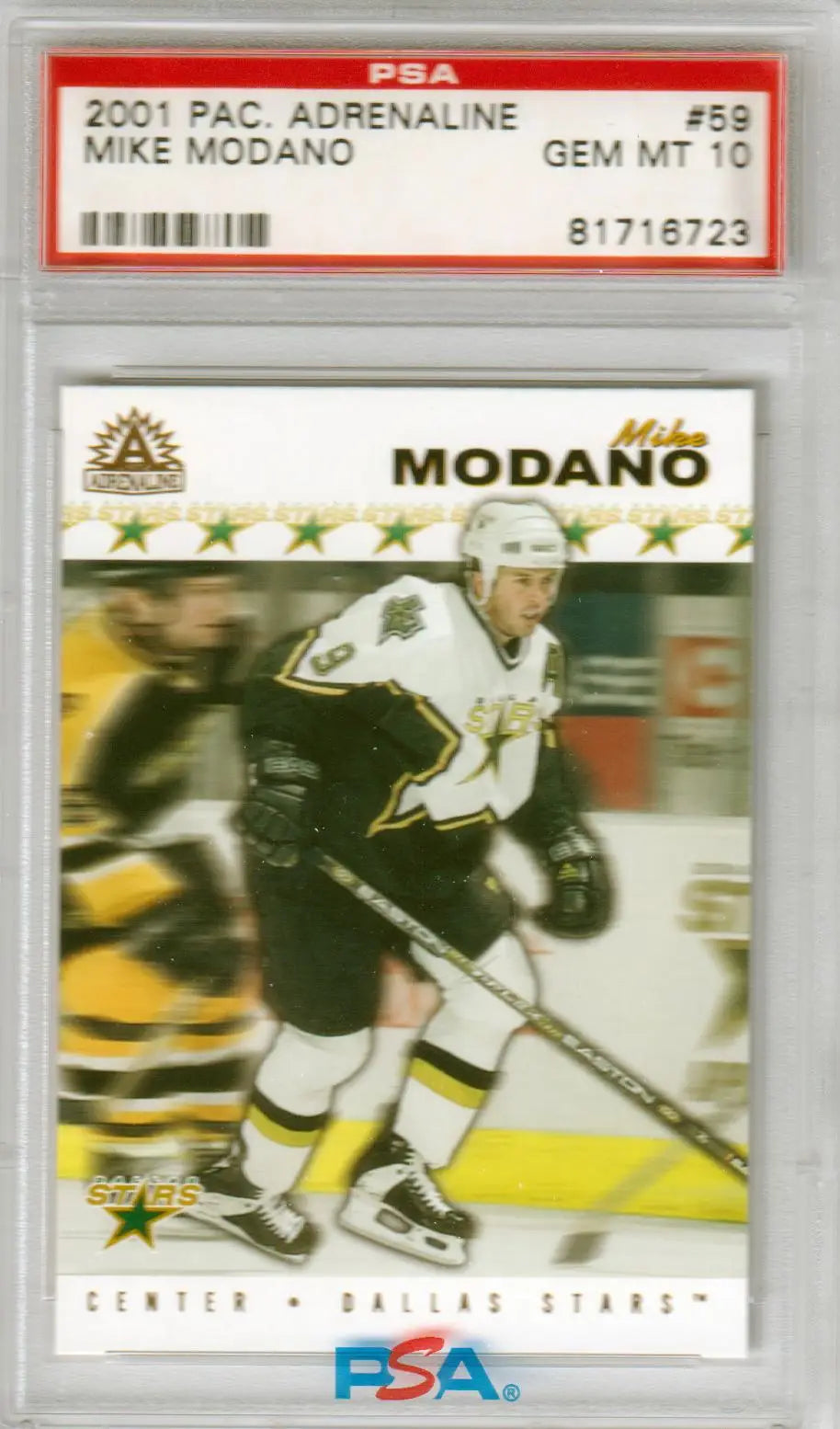 PSA-graded Mike Modano 2001 Pacific Adrenaline hockey card in Dallas Stars jersey