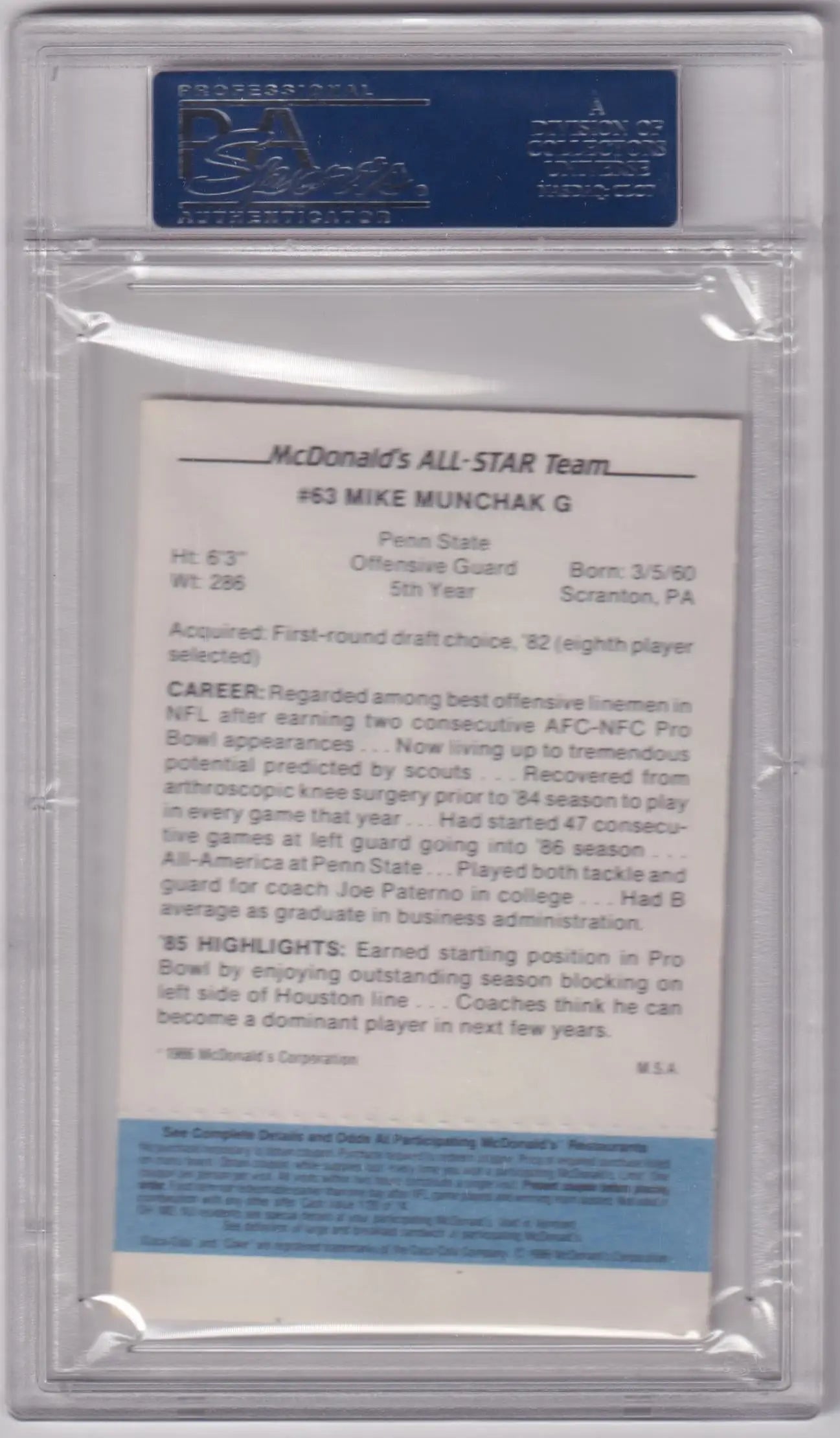 PSA-graded Mike Munchak 1986 McDonald’s All-Stars Blue card in protective holder