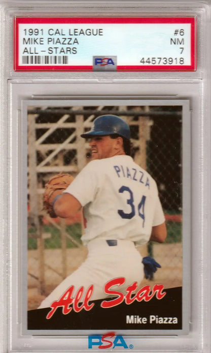 PSA-graded Mike Piazza 1991 Cal League All Stars Rookie card in white uniform, number 34