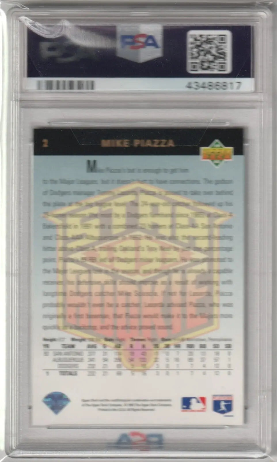 PSA-graded baseball card back of MIKE PIAZZA 1993 Upper Deck Star Rookie #2, Columbia Hobby