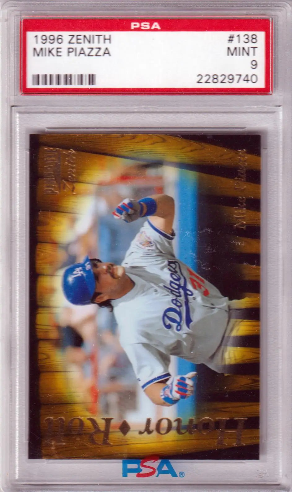 PSA-graded 1996 Pinnacle Zenith Mike Piazza baseball card in batting pose for Columbia Hobby