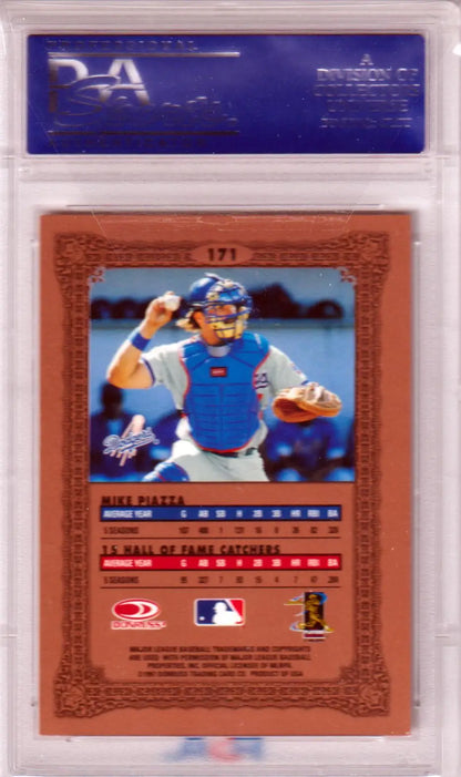 Baseball card of Mike Piazza in blue uniform, Donruss Preferred, in protective case