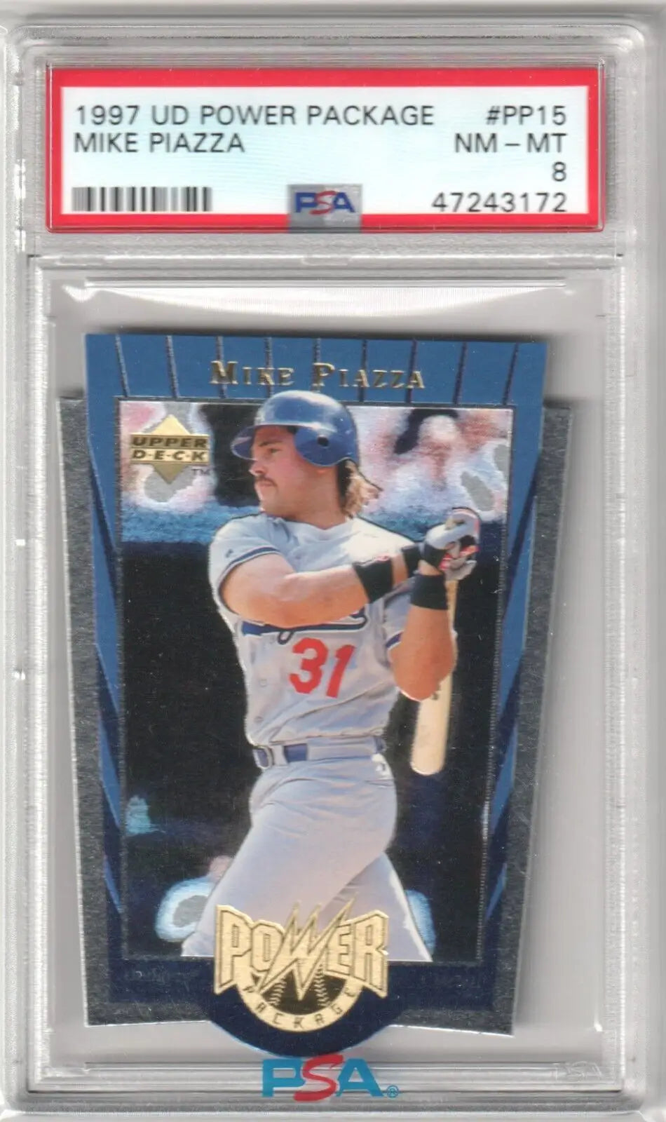 PSA graded 1997 Upper Deck Power Package Mike Piazza baseball card in protective case