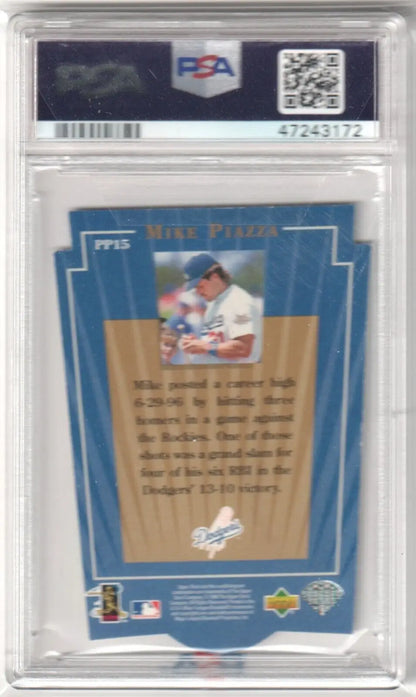 Back design of MIKE PIAZZA 1997 Upper Deck Power Package PSA 8 single card with blue borders