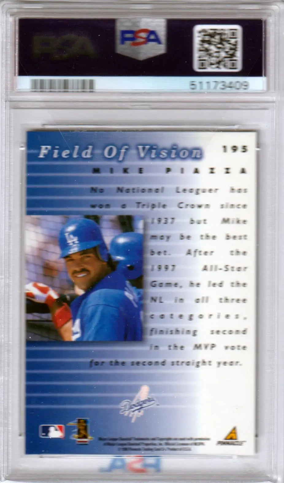 Back of Mike Piazza 1998 Pinnacle Plus trading card with player stats and Field of Vision text