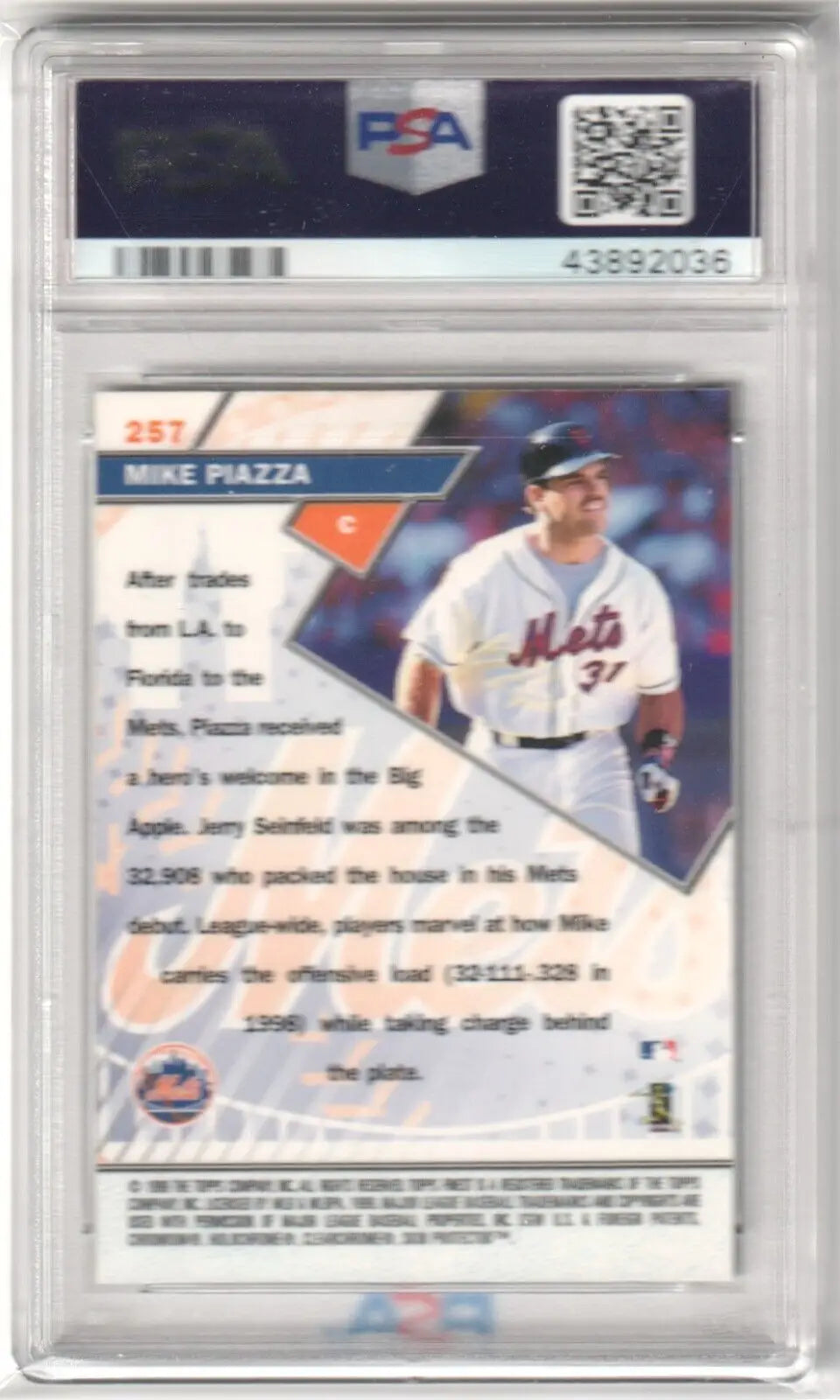 Baseball card in case displaying Mike Piazza stats for Columbia Hobby single cards