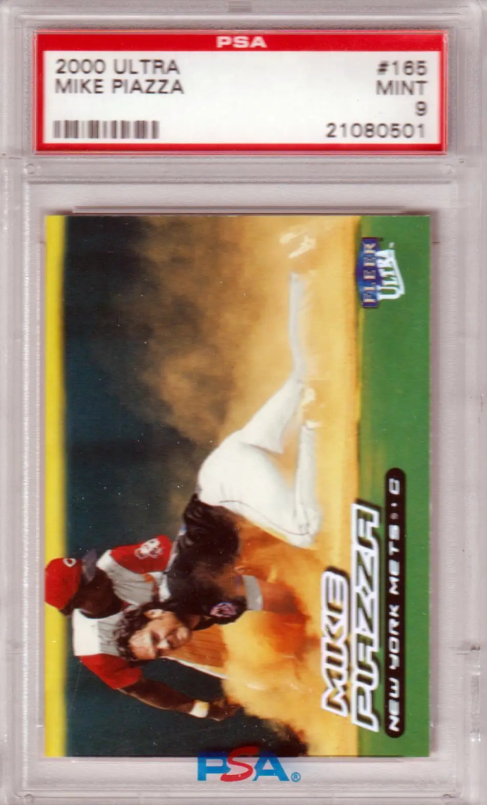 PSA-graded Mike Piazza 2000 Ultra baseball card featuring a catcher at home plate dust cloud