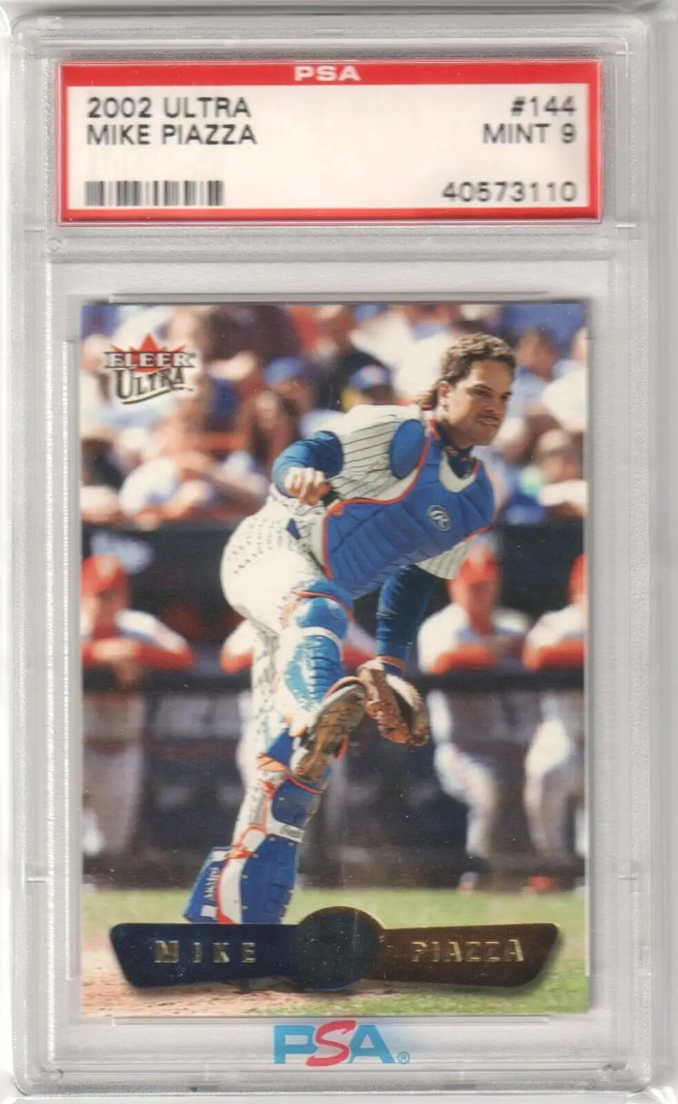 PSA-graded Mike Piazza 2002 Fleer Ultra #144 baseball card in a blue uniform