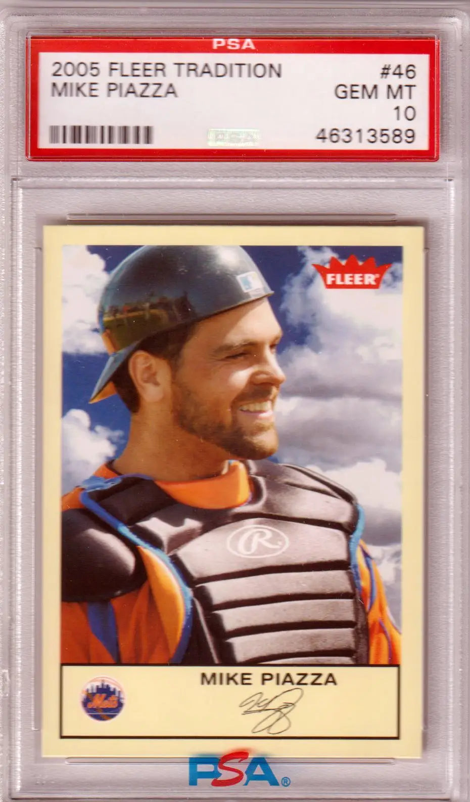 PSA-graded Mike Piazza 2005 Fleer Tradition card in catching gear for Columbia Hobby