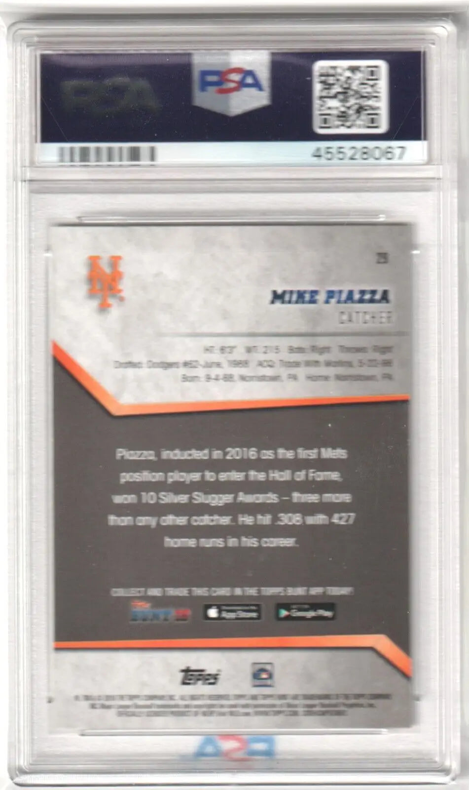 PSA-graded Mike Piazza baseball card back with New York Mets info from Columbia Hobby