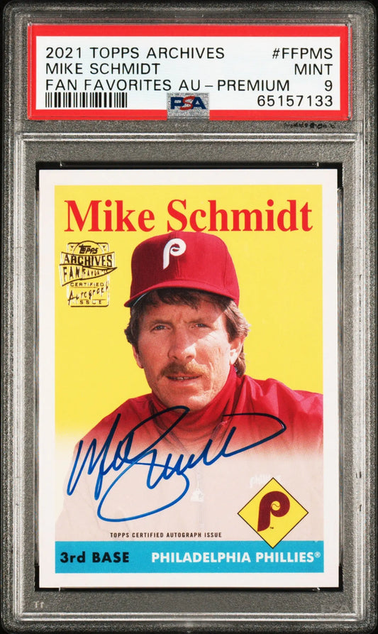 PSA-graded Mike Schmidt 2021 Topps Archives Fan Favorites Auto card in mint condition