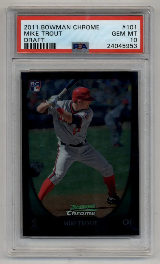 PSA-graded Mike Trout 2011 Bowman Chrome Draft card in protective case, Gem Mint 10