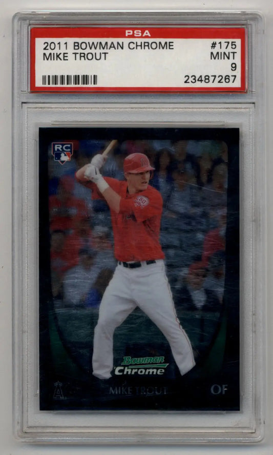 PSA graded Mike Trout 2011 Bowman Chrome rookie card in protective case trading card