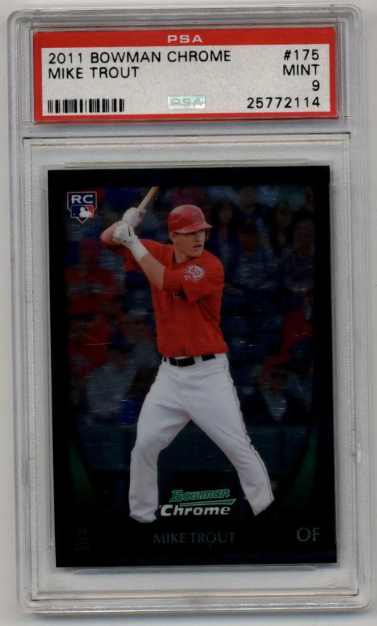 PSA-graded Mike Trout 2011 Bowman Chrome #175 rookie baseball card in protective case