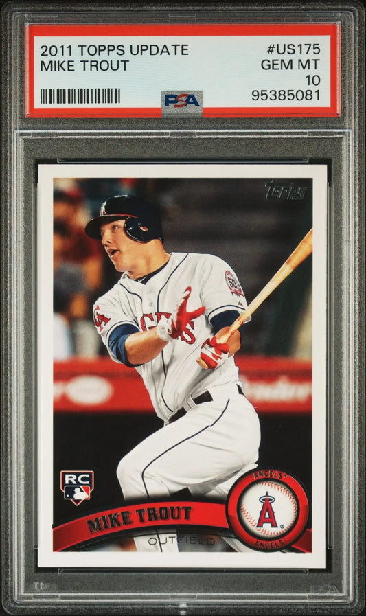 PSA-graded Mike Trout 2011 Topps Update US175 rookie card in a protective case